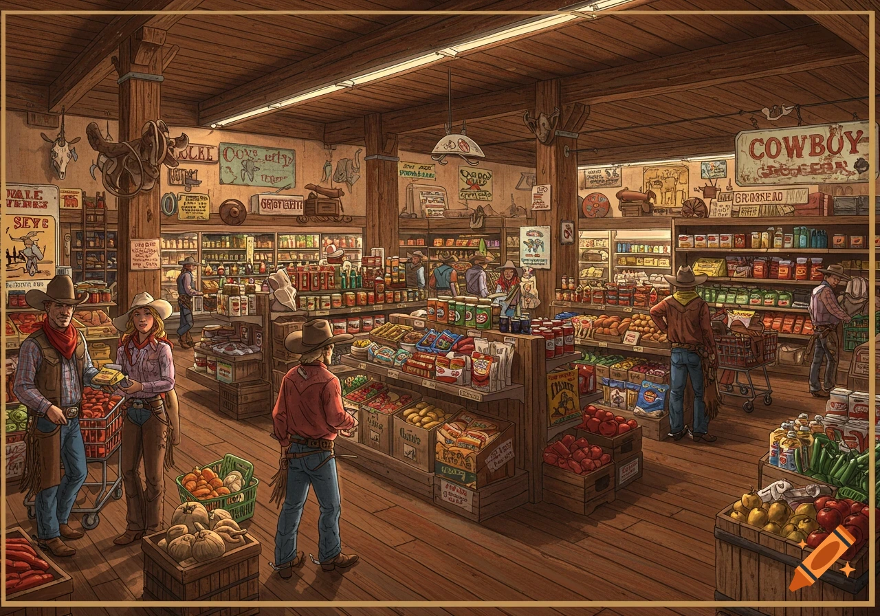 Illustration of cowboys shopping in a rustic grocery store.