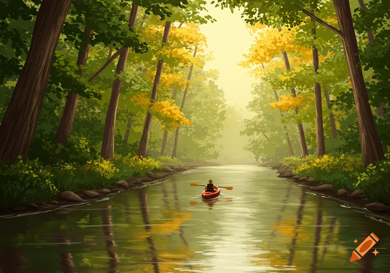 Illustration of a person kayaking on a river through an autumn forest