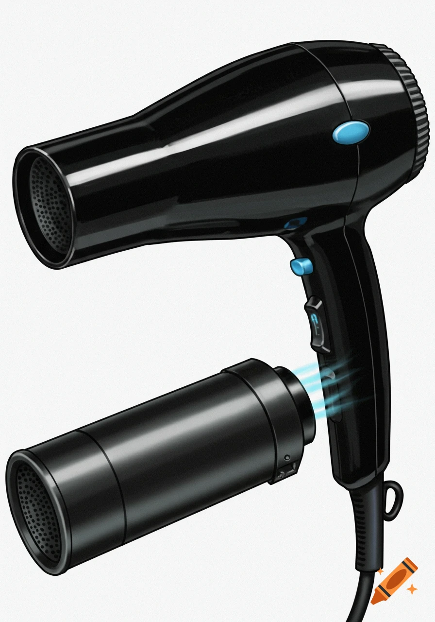 A black hairdryer with a cylindrical attachment is shown on a white background.