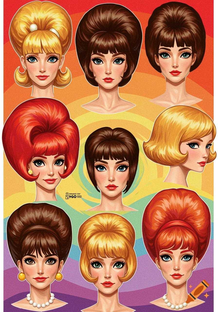 Colorful illustration of multiple portraits of women showcasing various large, stylized 1960s hairstyles.