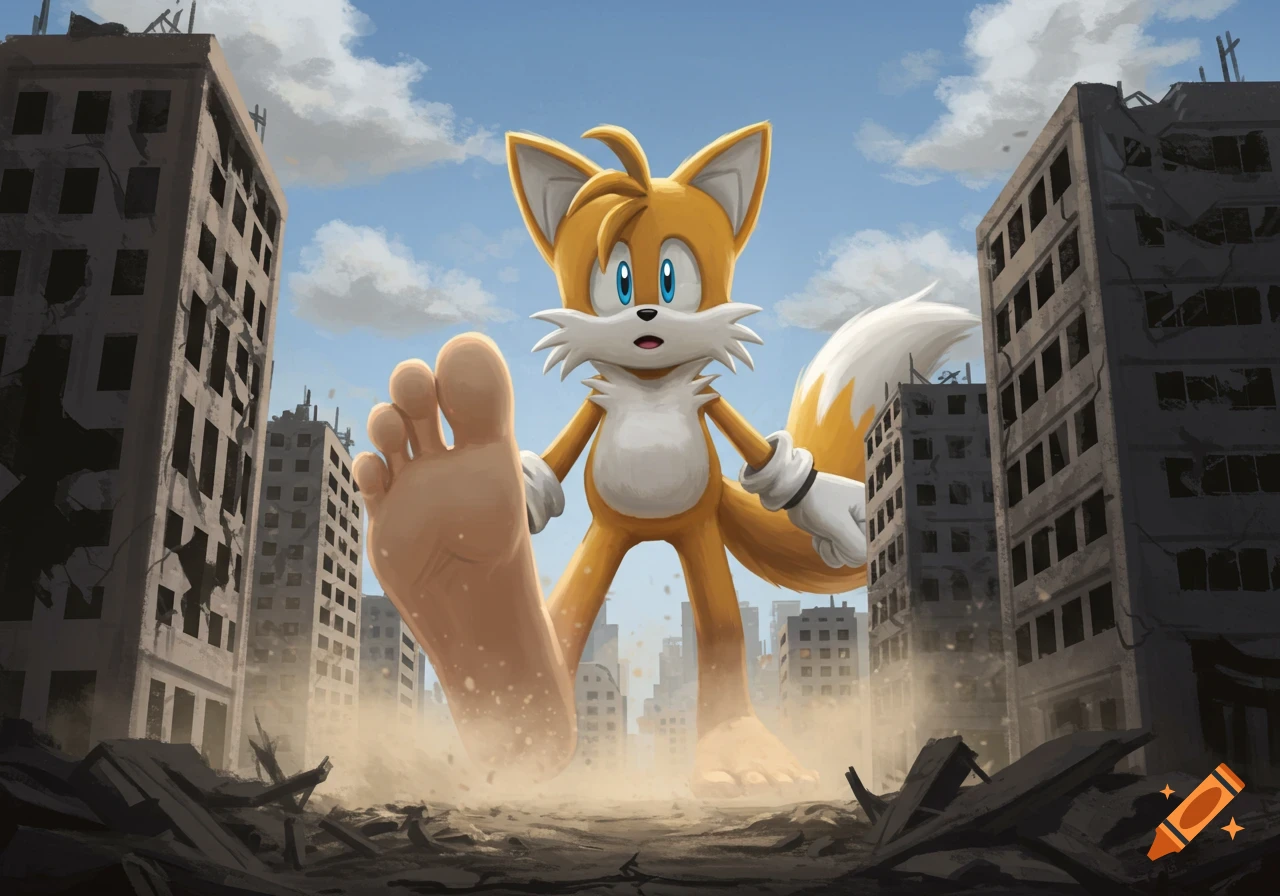 Giant Tails the Fox stands in a destroyed city, towering over buildings with barefoot feet.
