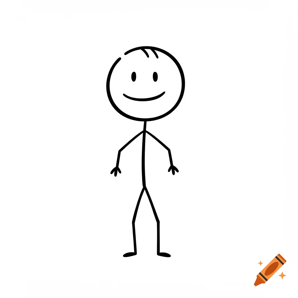 A simple black stick figure drawing with a smiling face on a white background.