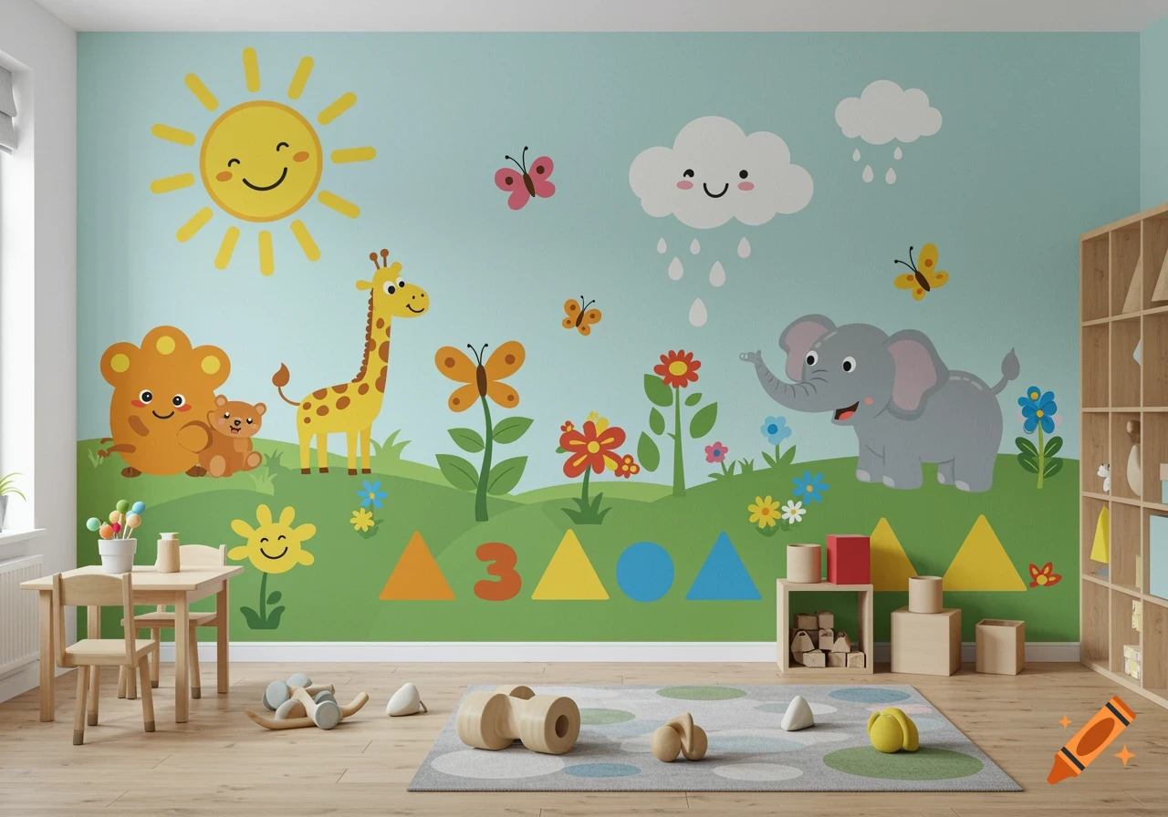 Colorful mural in a child's room with cartoon animals, shapes, and a number 3