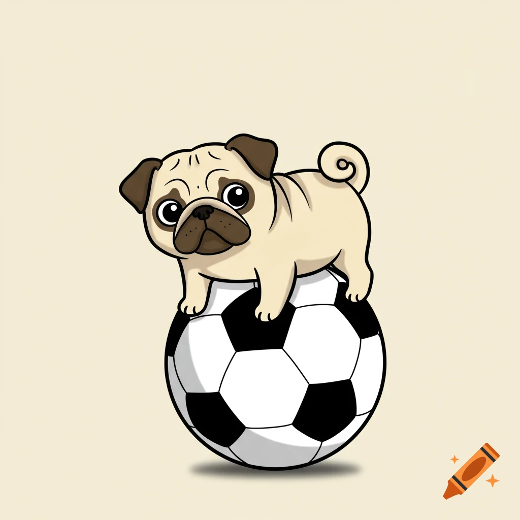 A cute clip art illustration of a pug standing on a soccer ball.