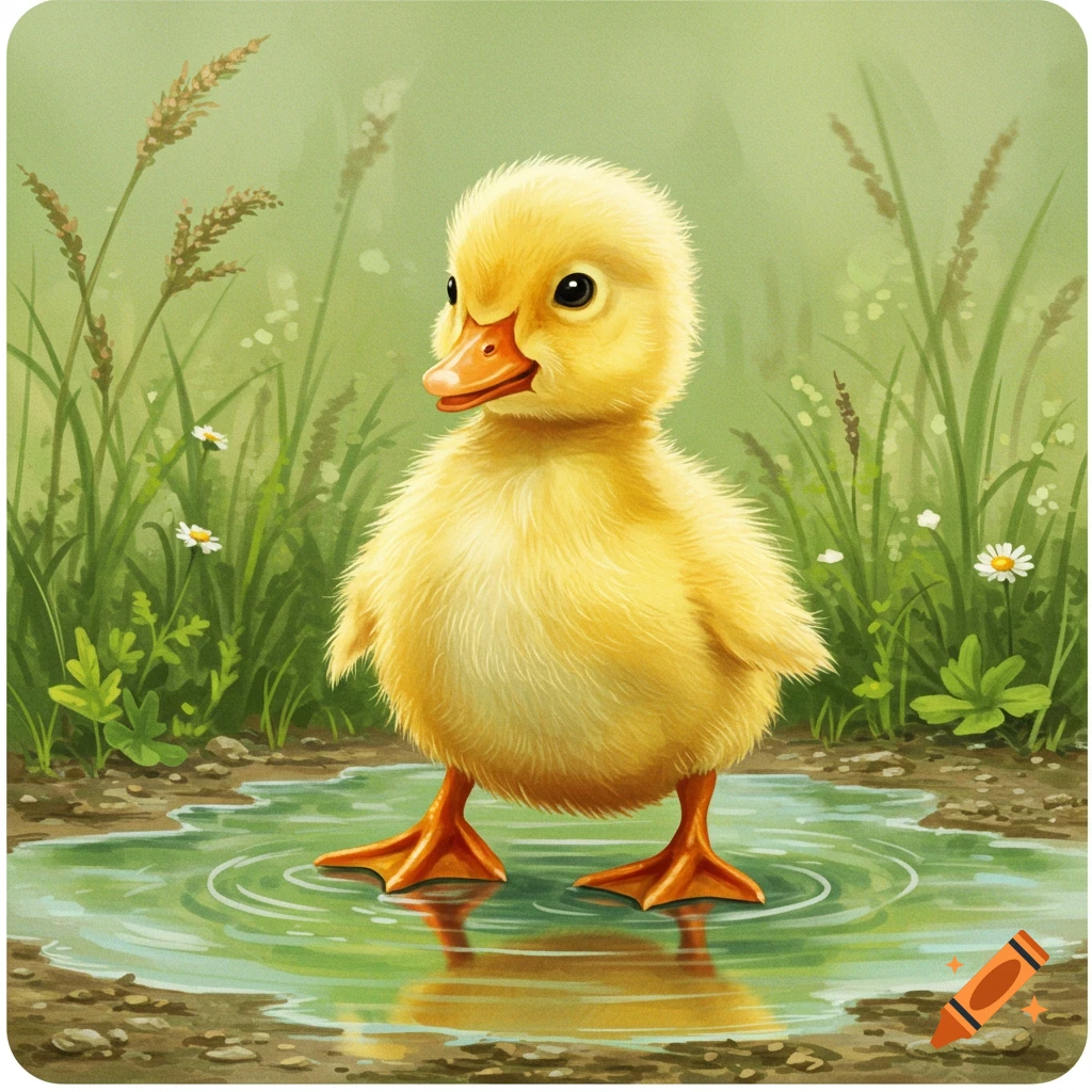 A fluffy yellow baby duck stands in a puddle surrounded by grass and flowers, illustration.