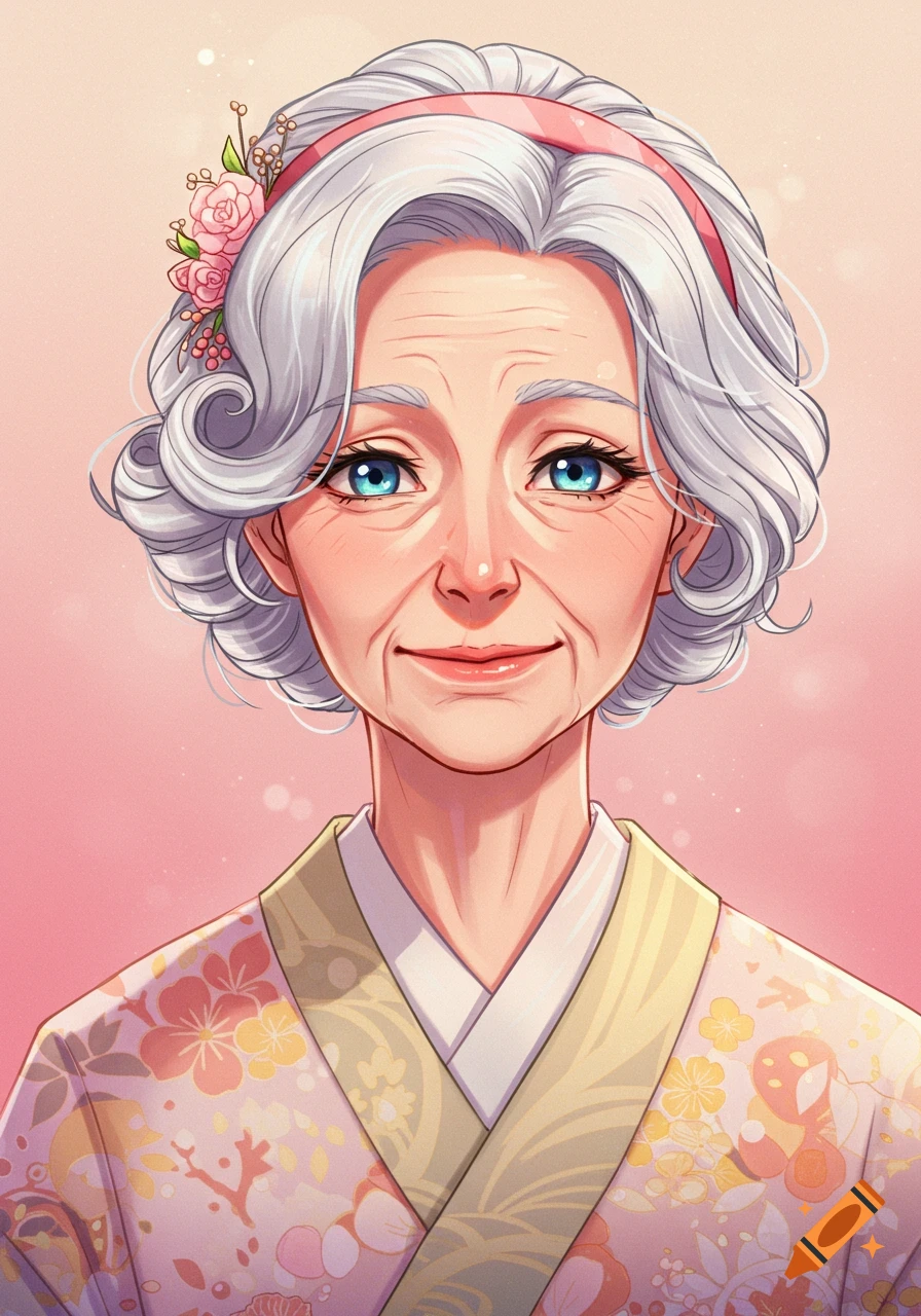 Anime portrait of an older woman with white hair and blue eyes, smiling and wearing a floral kimono.