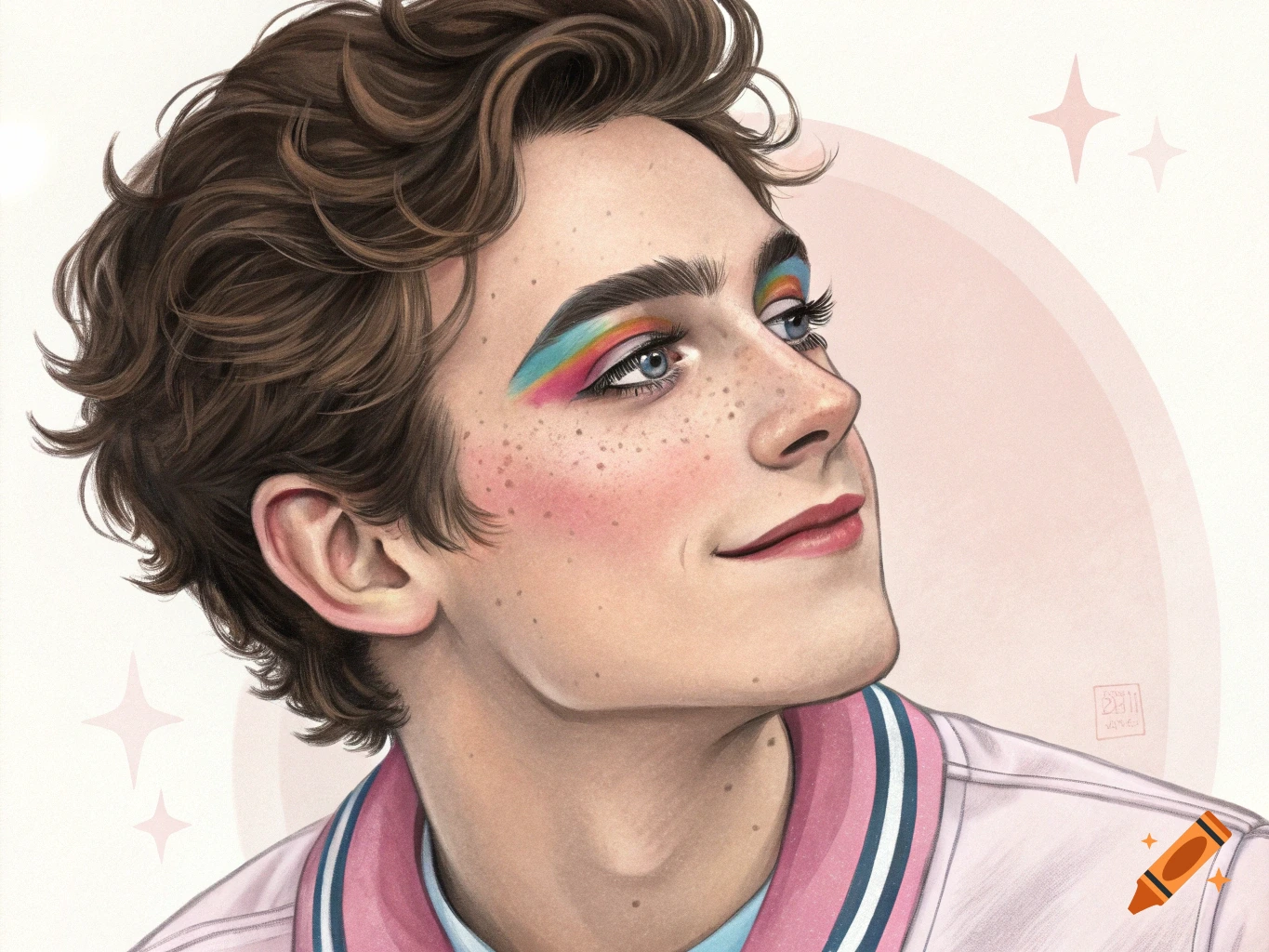 Illustration of a person with rainbow eye makeup, blush, and freckles.