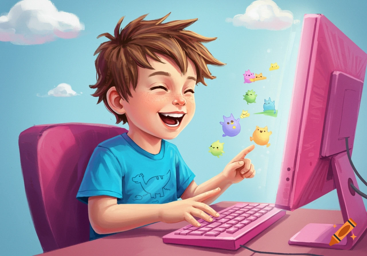 A happy boy sits at a pink computer, smiling and pointing at colourful creatures on the screen. He wears a blue t-shirt with a dinosaur drawing.