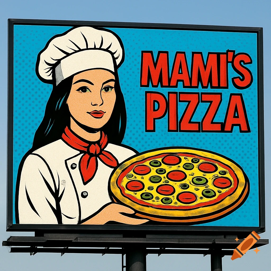 Pop art billboard with a female chef holding a pizza, promoting Mami's Pizza