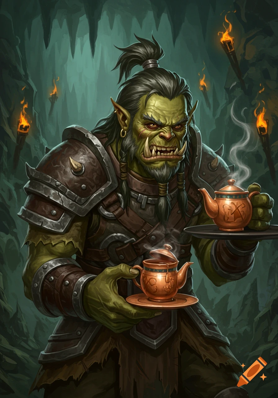 Illustration of an old orc in armor holding two steaming teapots in a dark cave.