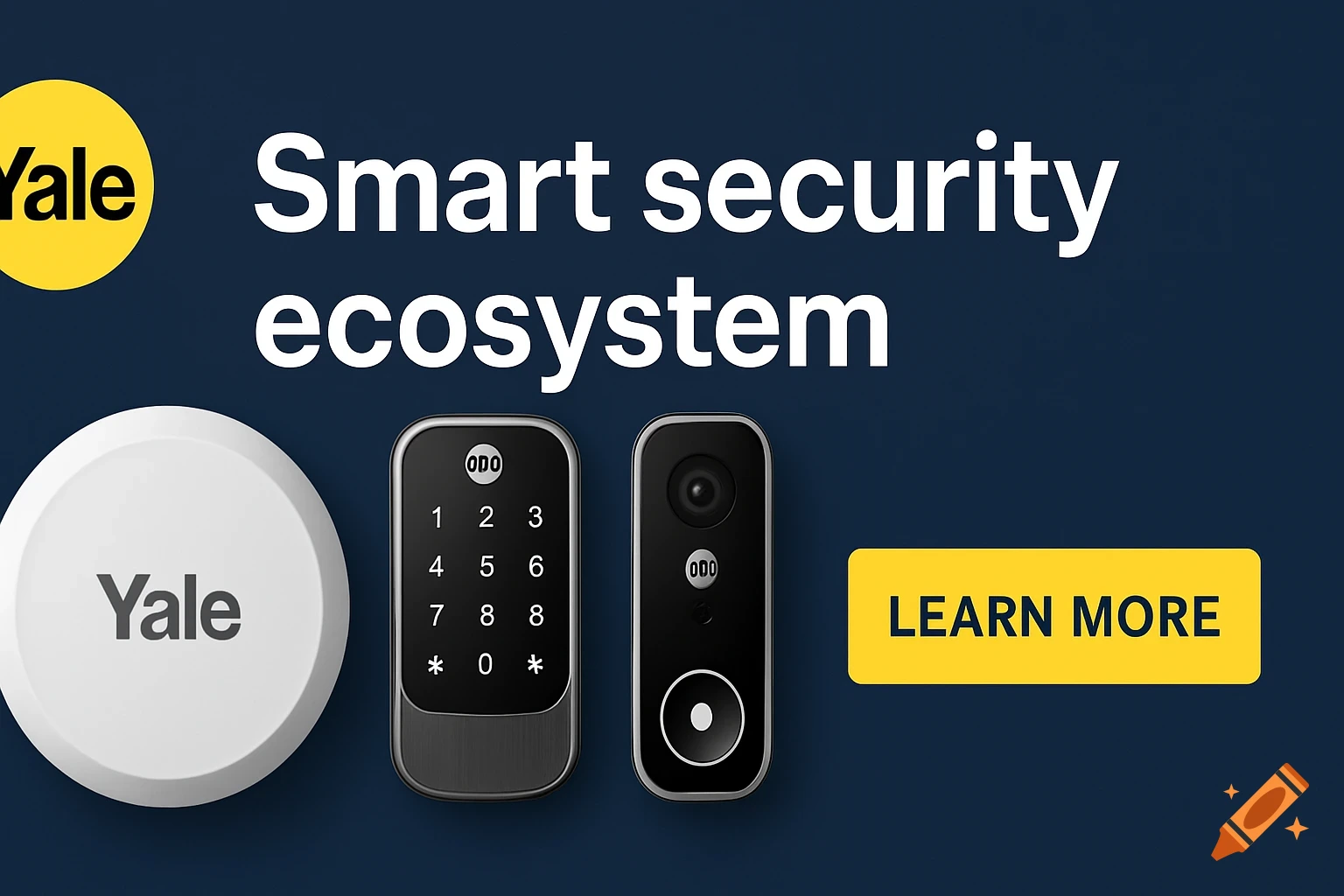 Yale smart security devices, keypad, doorbell camera, text and button on a dark background.