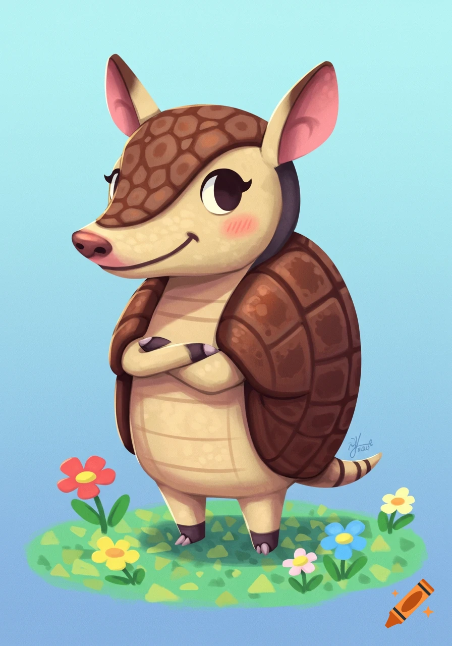 An Animal Crossing style armadillo character standing on grass with flowers, arms crossed.