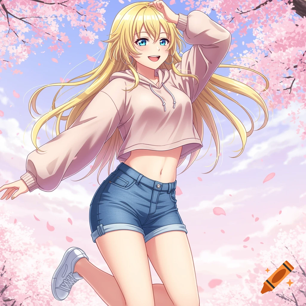 Anime girl jumping among cherry blossoms.