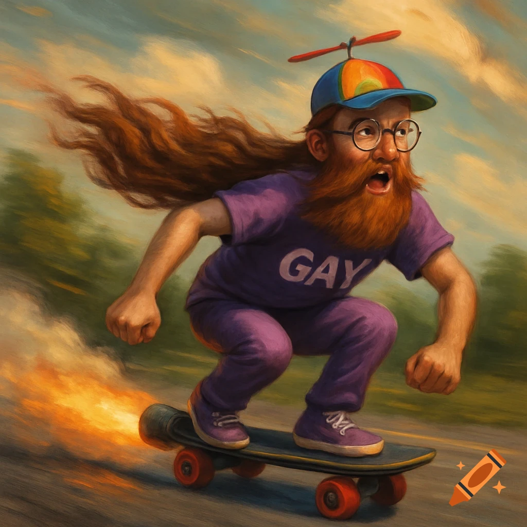 Painterly image of a man with a long beard and propeller hat riding a jet skateboard. He wears purple clothes and a shirt reading 'GAY'.