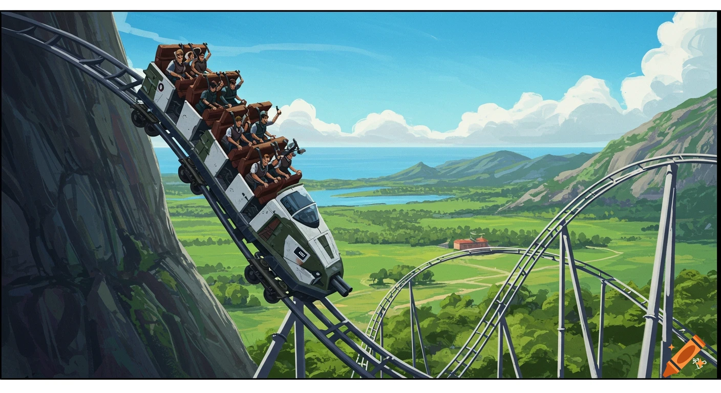 An illustration of a roller coaster train full of people descending a steep track above a scenic landscape with mountains and water.
