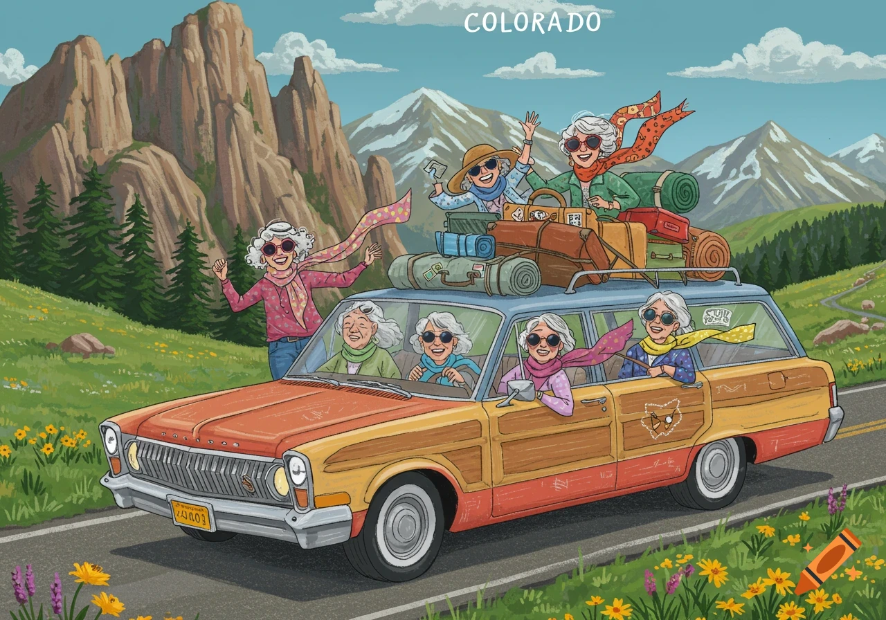 Illustration of six smiling older women in a vintage station wagon on a road trip through colorful mountains under a sign reading COLORADO.