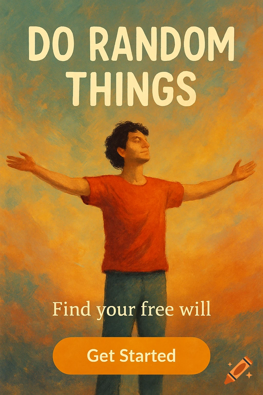 Illustration of a person with arms open looking up, with text 'DO RANDOM THINGS', 'Find your free will', and 'Get Started' over a warm, textured background.