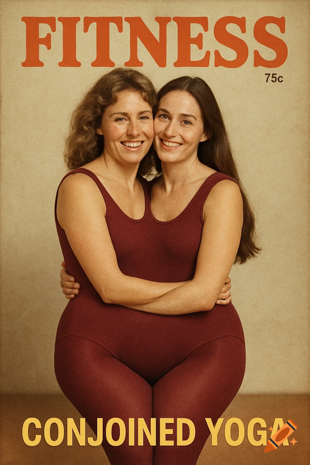 Vintage fitness magazine cover with two conjoined women in a leotard, titled 'FITNESS CONJOINED YOGA'.