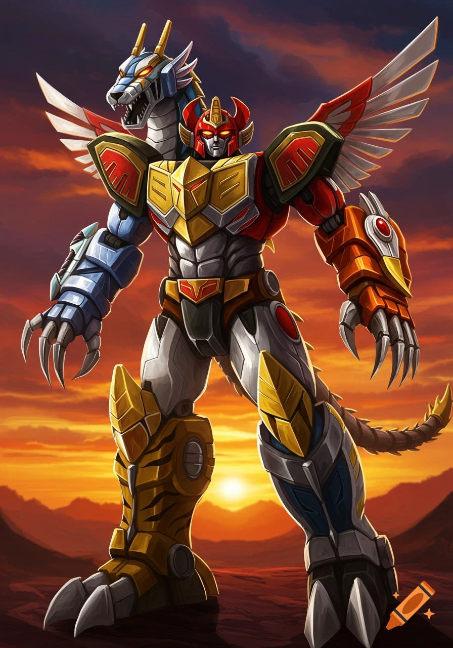 Large colorful mecha robot standing against a dramatic sunset