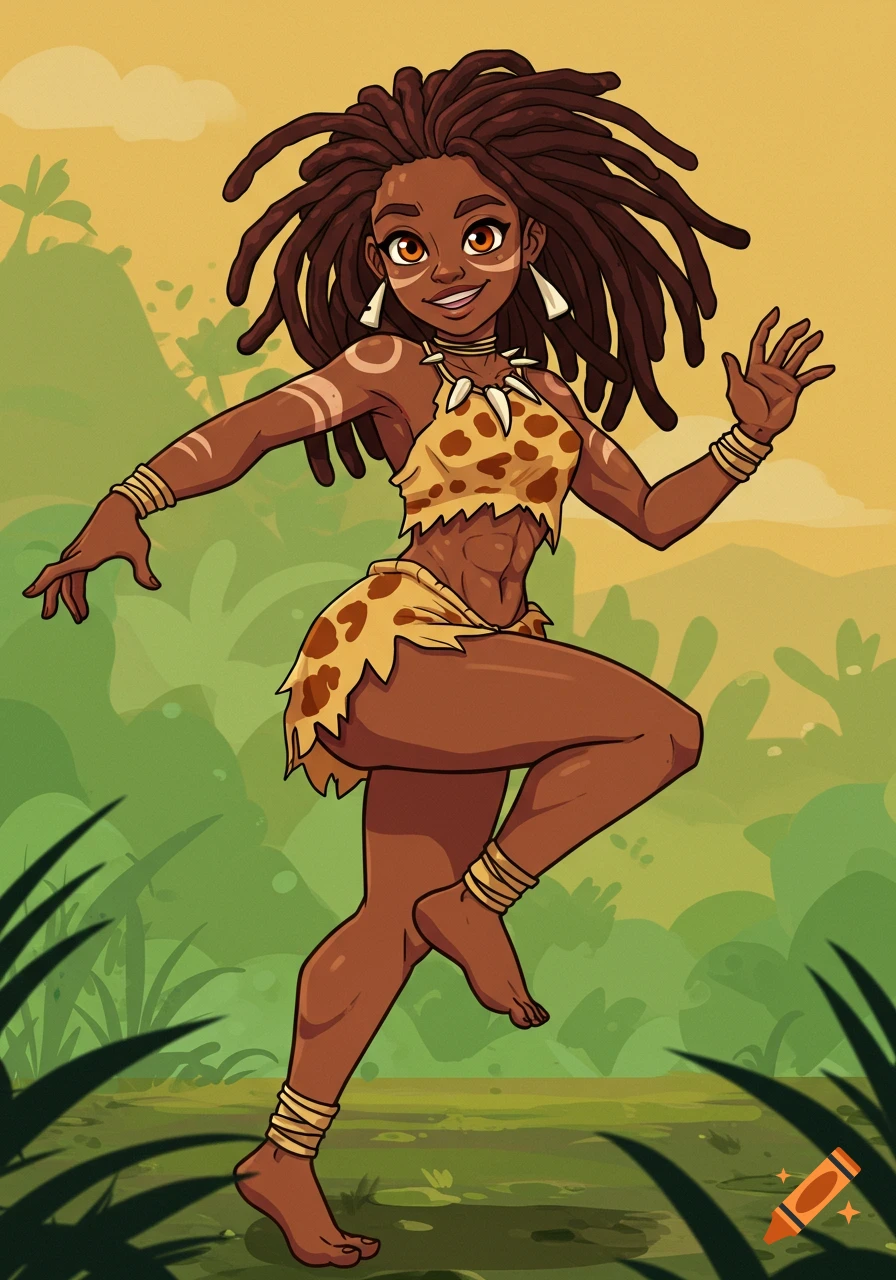 A cartoon woman with dreadlocks in prehistoric leopard-print clothing dances in a jungle scene.