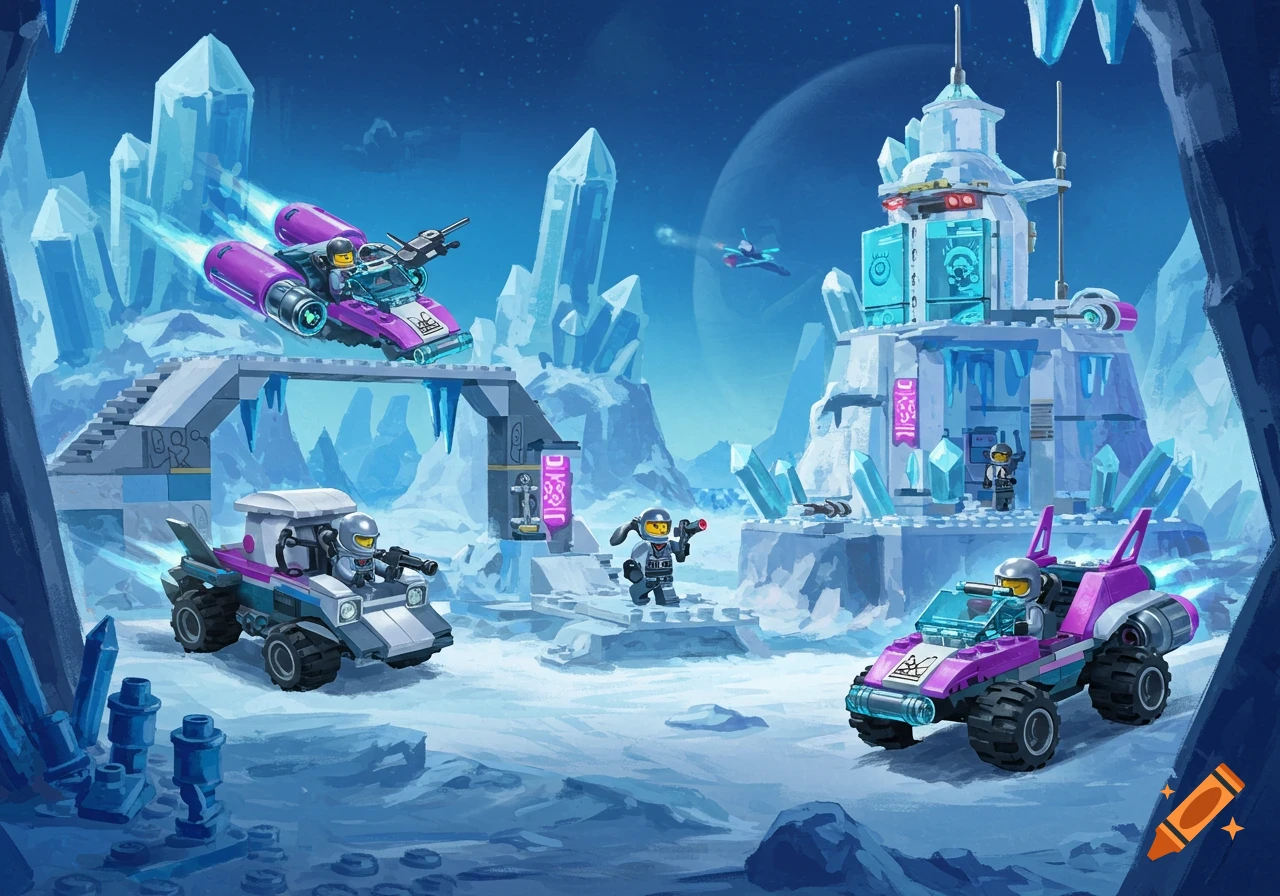 Lego-style space explorers in vehicles race across an icy alien planet past crystal formations and a base.