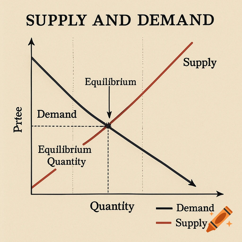 Supply and demand graph showing equilibrium price and quantity