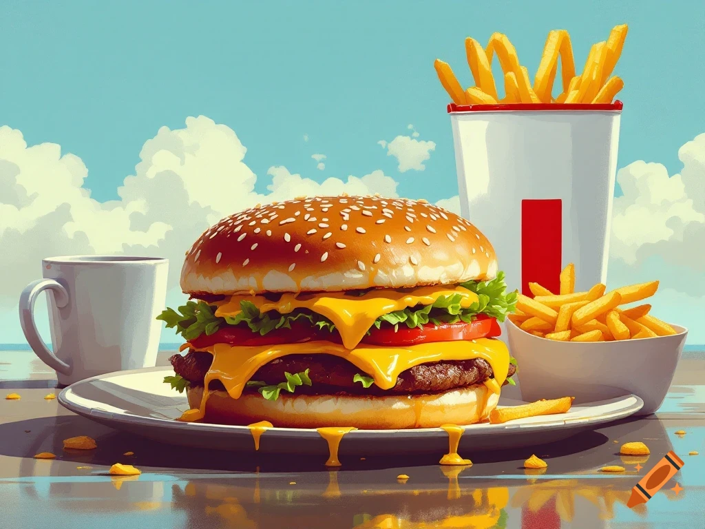 A cheesy double burger and fries on a plate with a large drink container and mug against a blue sky with clouds, in an illustrative style.