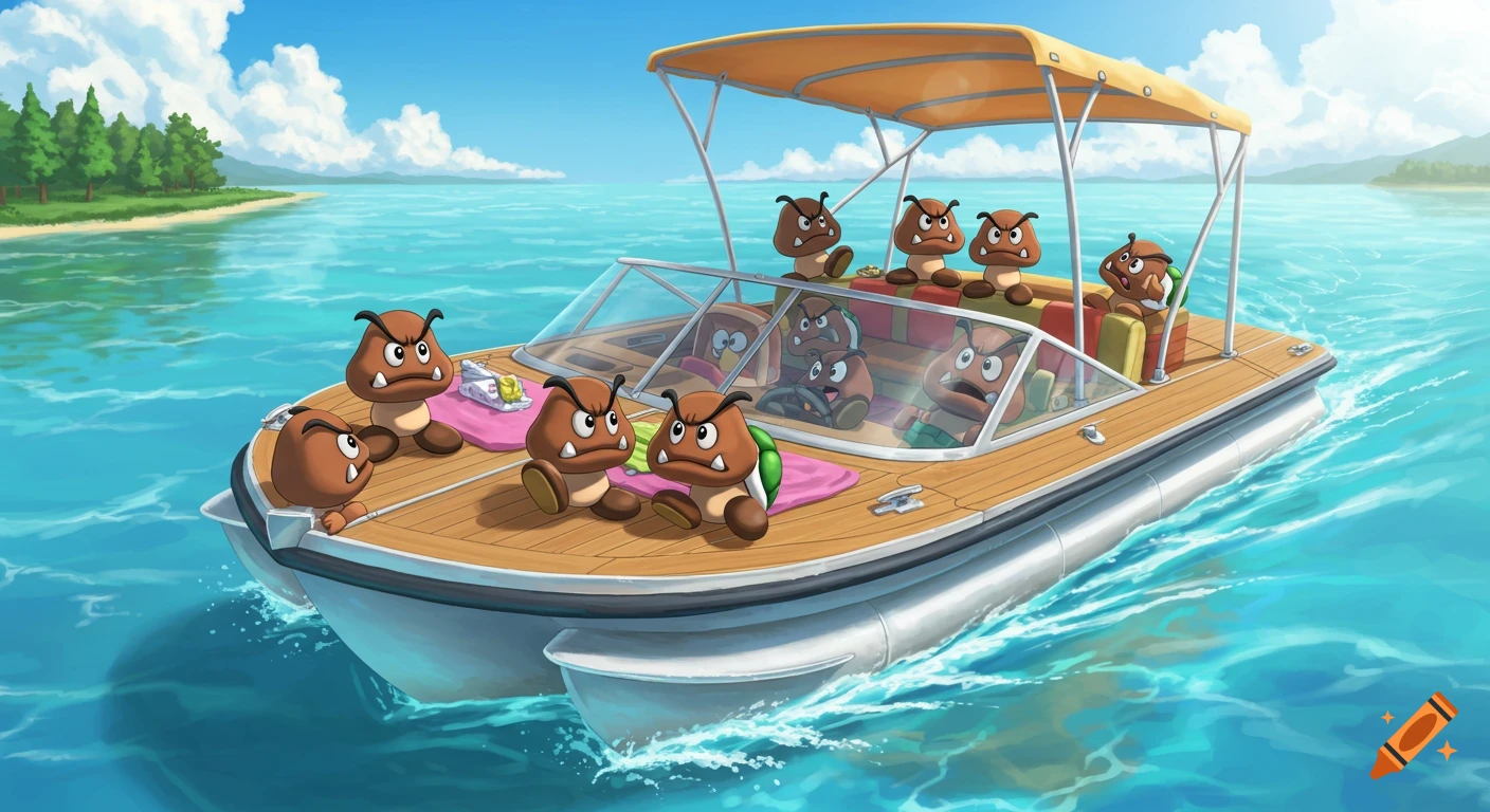 Goomba characters on a boat on the water