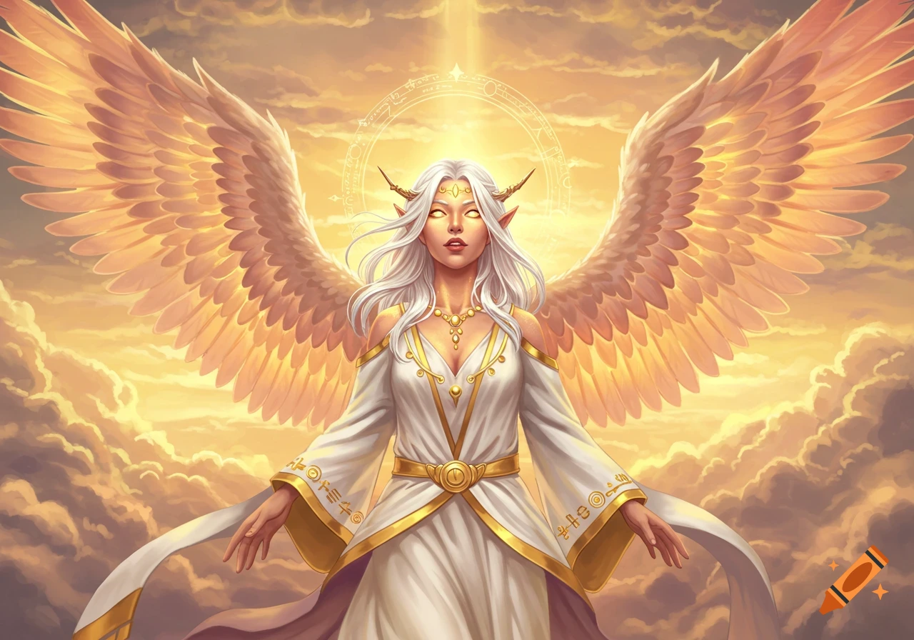 Fantasy art of a winged figure with white hair, elf ears, and horns in white and gold dress, surrounded by light and clouds.