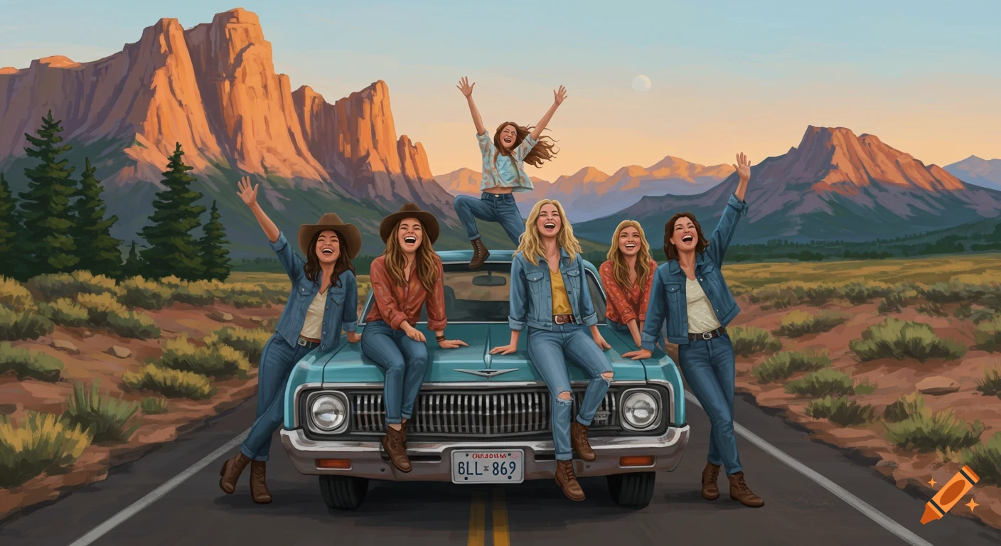 Six women on and around a blue car on a road trip in a mountain landscape, painterly style