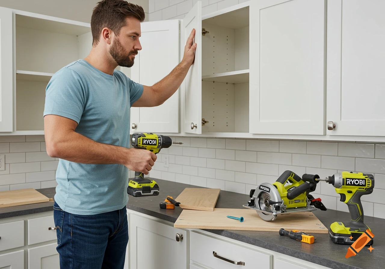 A man installs kitchen cabinets using power tools.