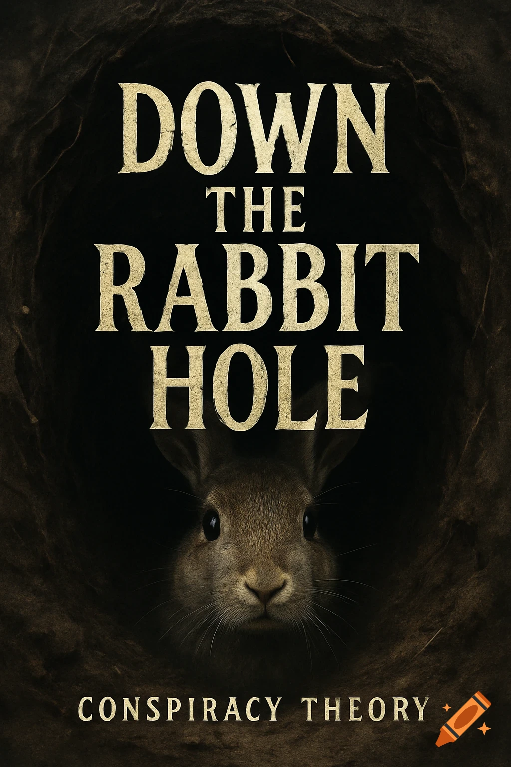 Photorealistic book cover showing a rabbit peering from a dark hole with the title 'DOWN THE RABBIT HOLE' and 'CONSPIRACY THEORY'.