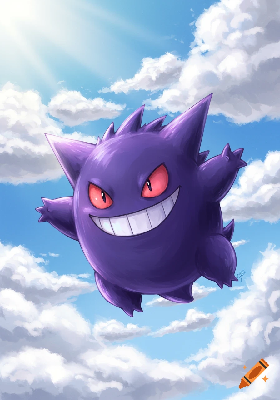 A smiling purple Gengar floats in a bright, sunny sky with clouds.