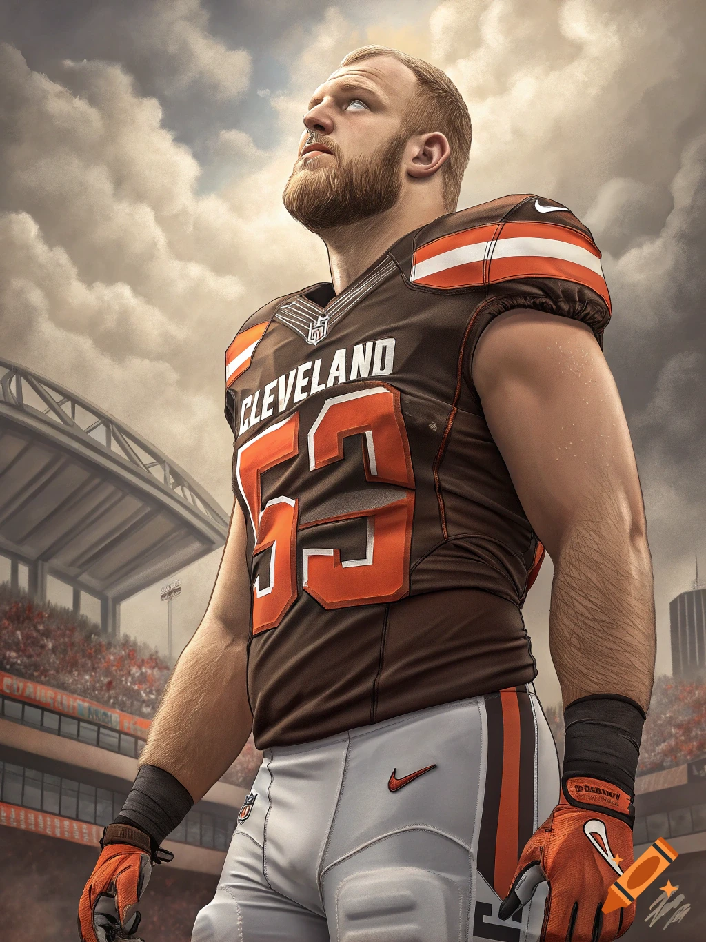 American football player in a Cleveland Browns uniform looks up in a stadium.