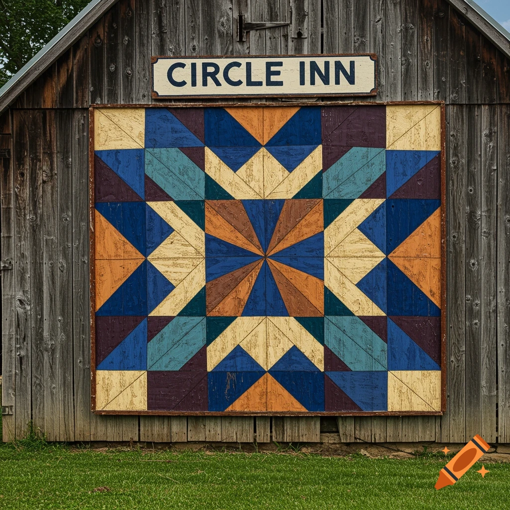 A colorful quilt pattern hangs on the side of a rustic wooden barn with a sign that reads "CIRCLE INN".