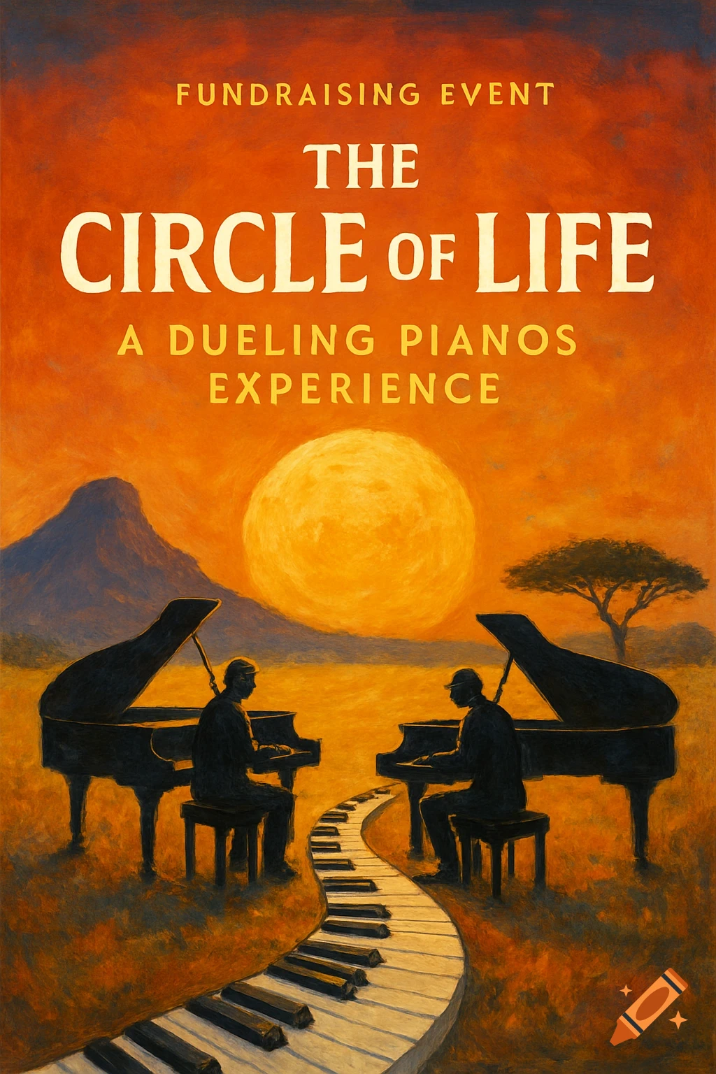Poster for a dueling pianos event set in an African landscape at sunset, with text.