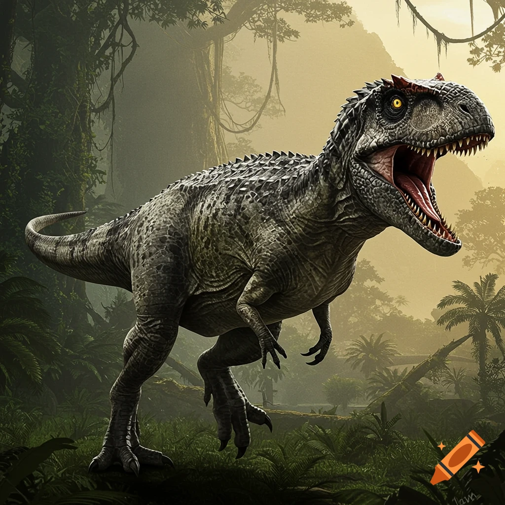 A large, realistic dinosaur with its mouth open in a lush, foggy jungle.