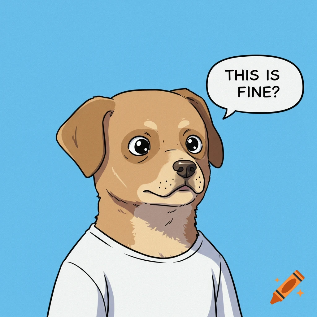 Cartoon dog in anime style wearing a white t-shirt, with a speech bubble saying "THIS IS FINE?".