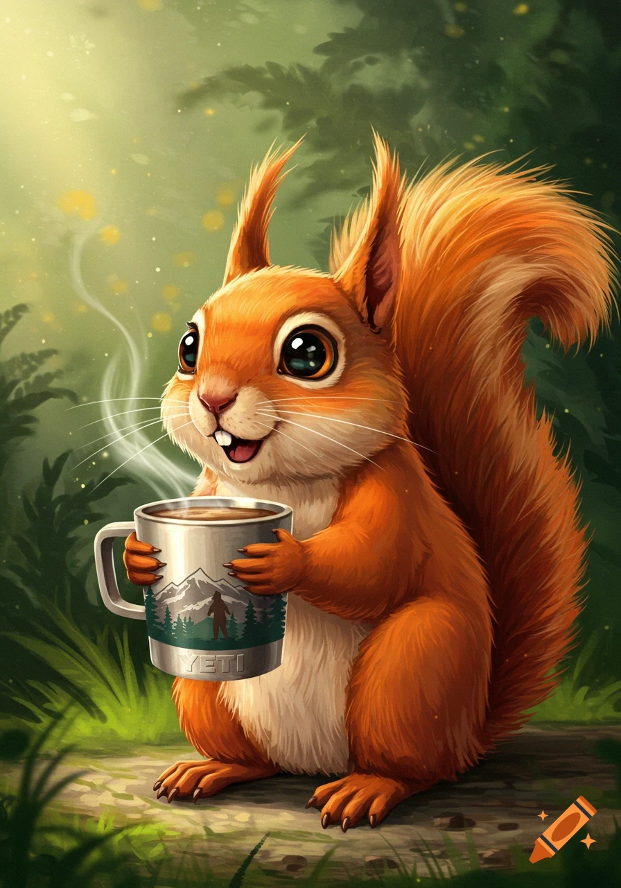 A cute cartoon squirrel holds a coffee mug with a mountain design in a forest.