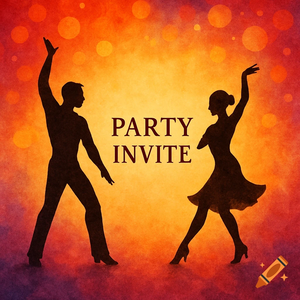 Silhouettes of dancing couple on an orange and red textured background with bokeh lights and the text "PARTY INVITE".