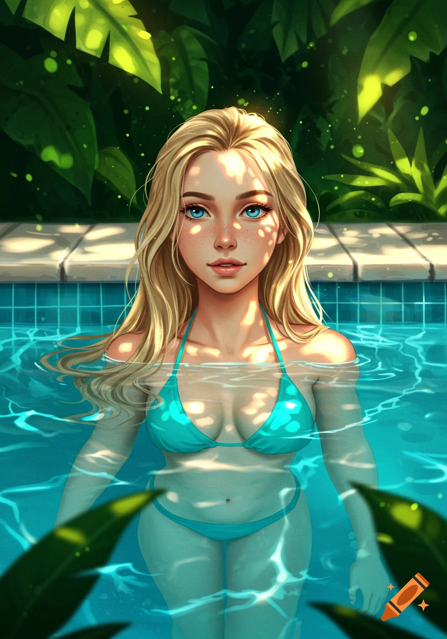 Illustration of a woman with blonde hair and blue eyes swimming in a pool surrounded by lush green plants.
