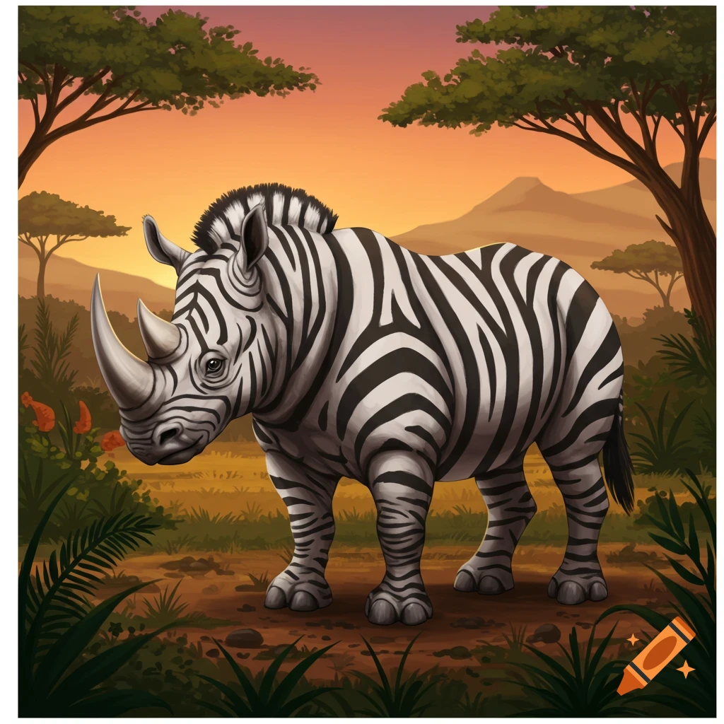 Illustration of a mythological rhino-zebra creature in a savanna landscape at sunset.