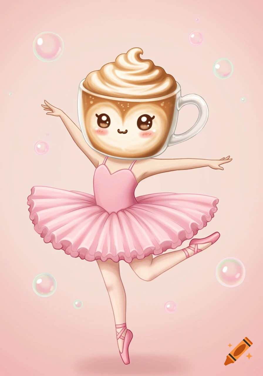 Cartoon ballerina with a coffee cup head dancing en pointe among bubbles.