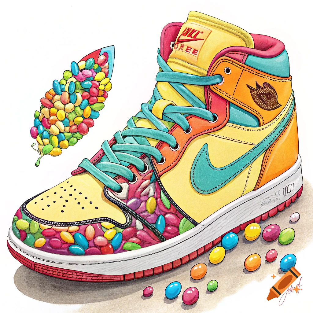 Drawing of a colorful high-top sneaker decorated with jelly beans, with scattered jelly beans.