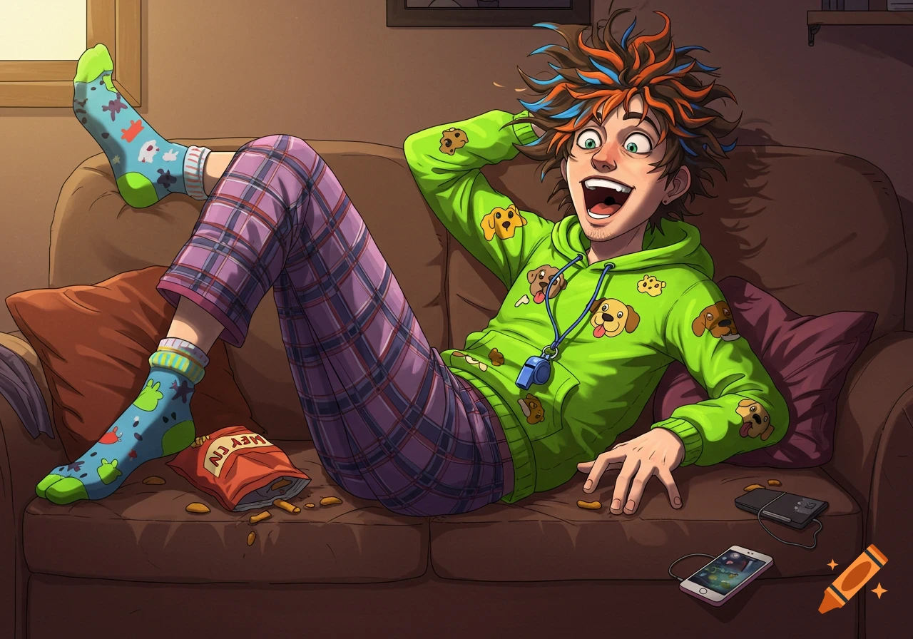 Cartoon illustration of a man lounging on a couch with messy hair, dog hoodie, plaid pants, and socks, laughing beside a spilled snack bag.