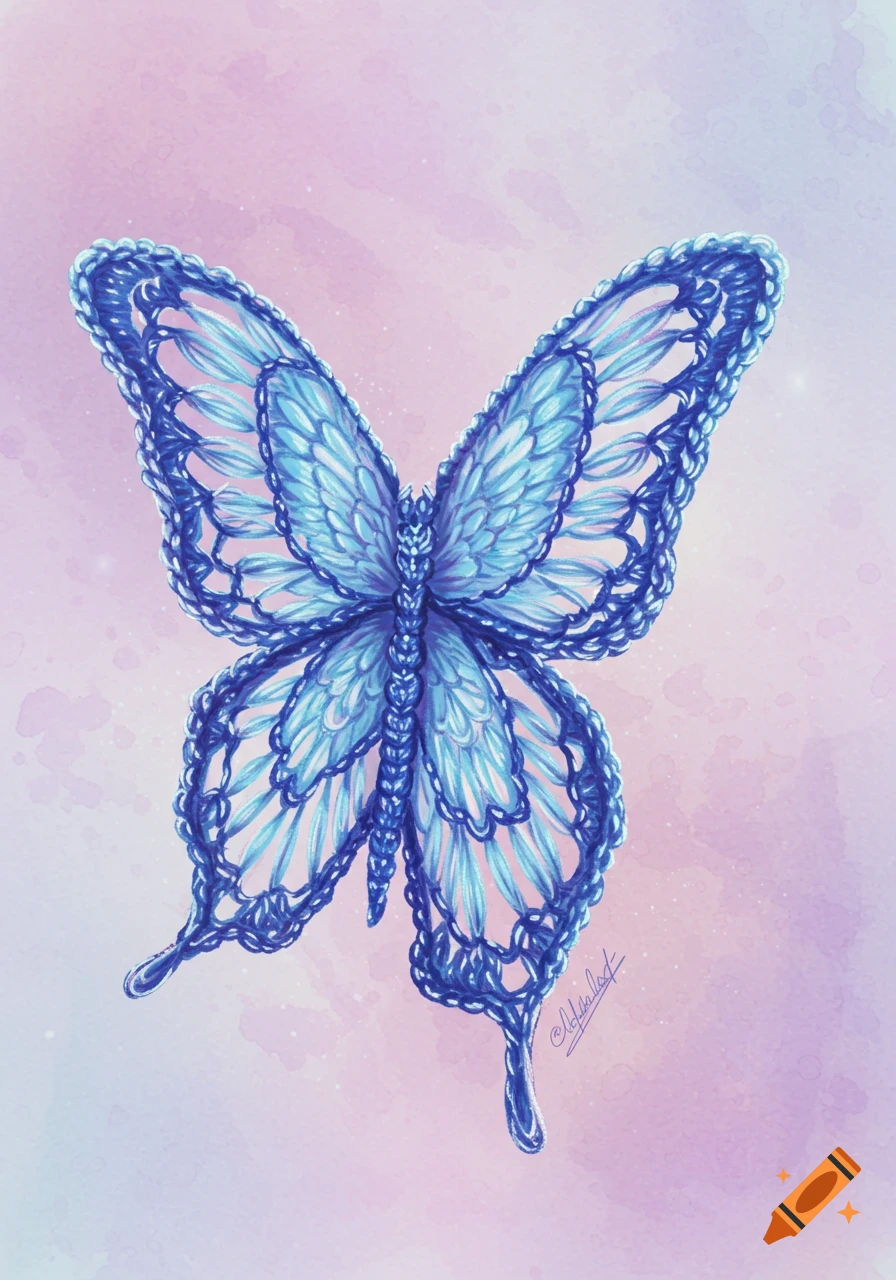 A blue crochet butterfly on a pink watercolor background.