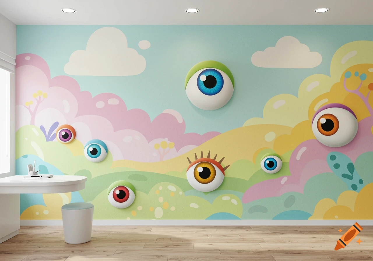 Colorful cartoon mural with large eyeballs on a wall in a room.