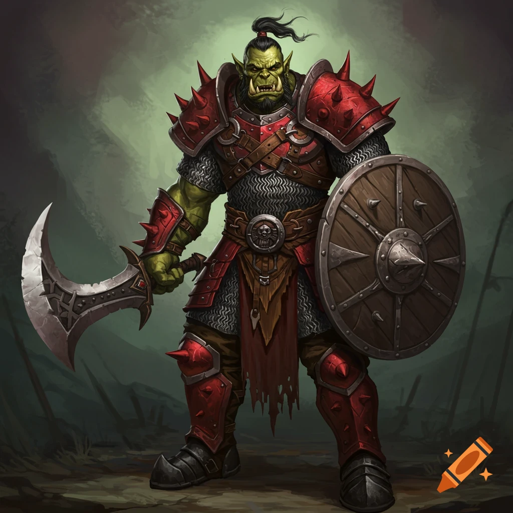 An illustrated orc warrior in red spiked armor, holding a curved sword and shield.
