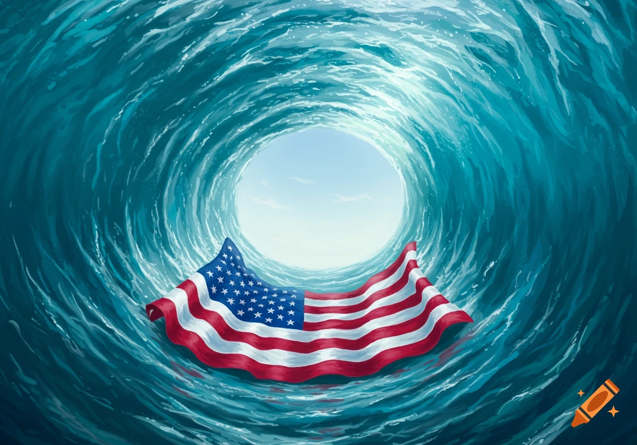 An American flag is centered inside a large curling blue ocean wave tunnel.