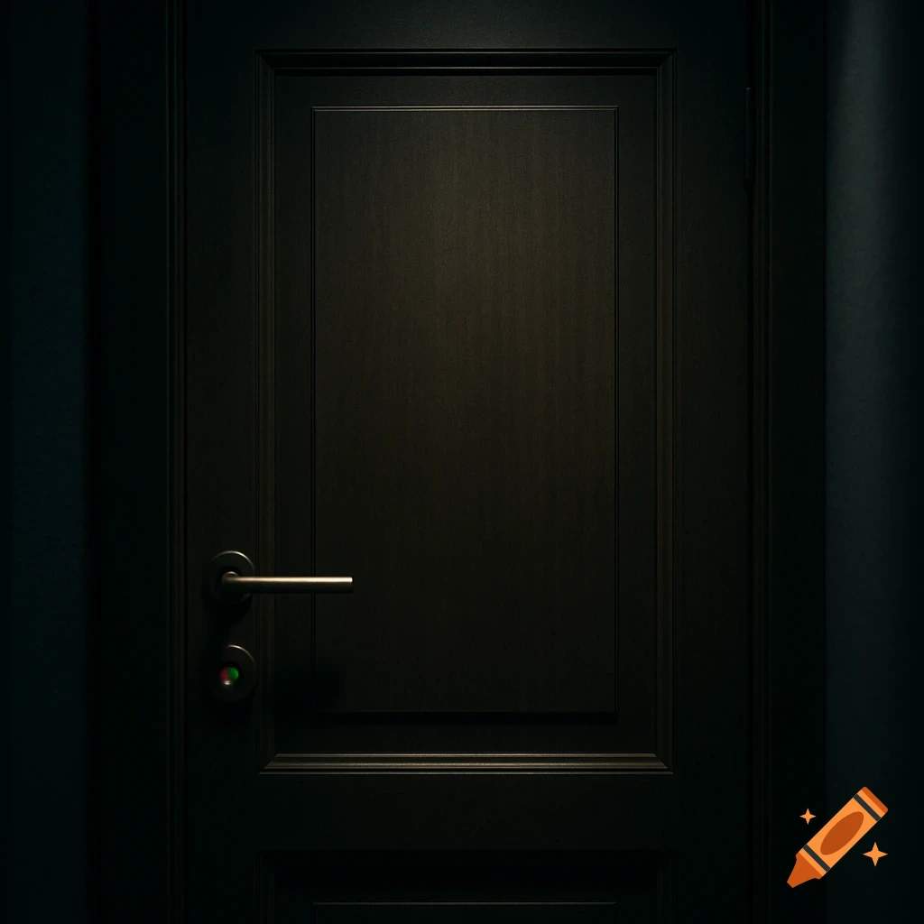 Close-up of a dark wooden door with a silver handle and green/red lock indicator in a dimly lit room.